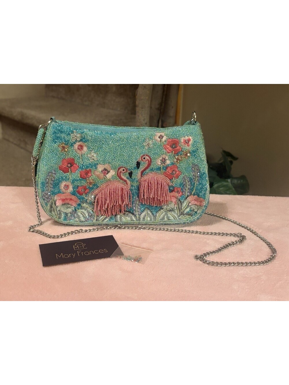 Mary Frances Flirty Flamingos Beaded Crossbody Tropical Clutch Handbag NWT